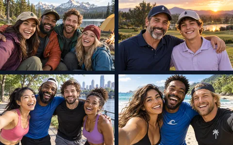 Four group photos: friends camping, a father and son, runners and surfers