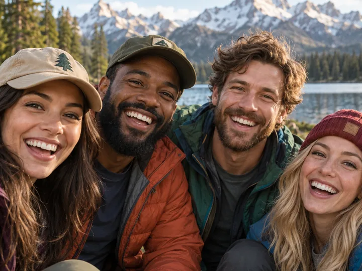 Four friends smiling at a lakeside campsite