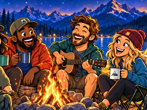 The friends as a cartoon, laughing around a campfire at night