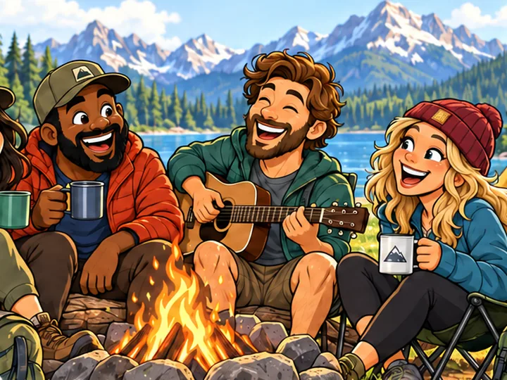 The same friends as a cartoon, laughing around a campfire